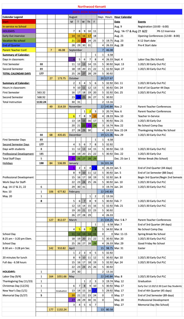NorthwoodKensett 20232024 School Calendar